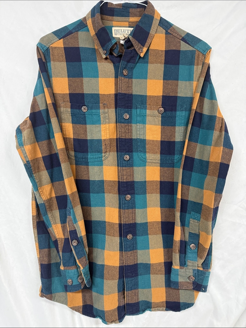 Duluth Trading Co Men’s Teal, Navy & Gold Plaid Button-Down Shirt cotton flannel